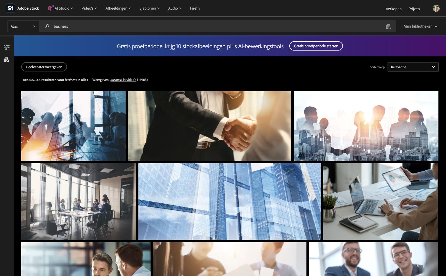 Adobe Stock 搜索 business 显示超过一亿条结果，首屏是会议、握手和办公场景