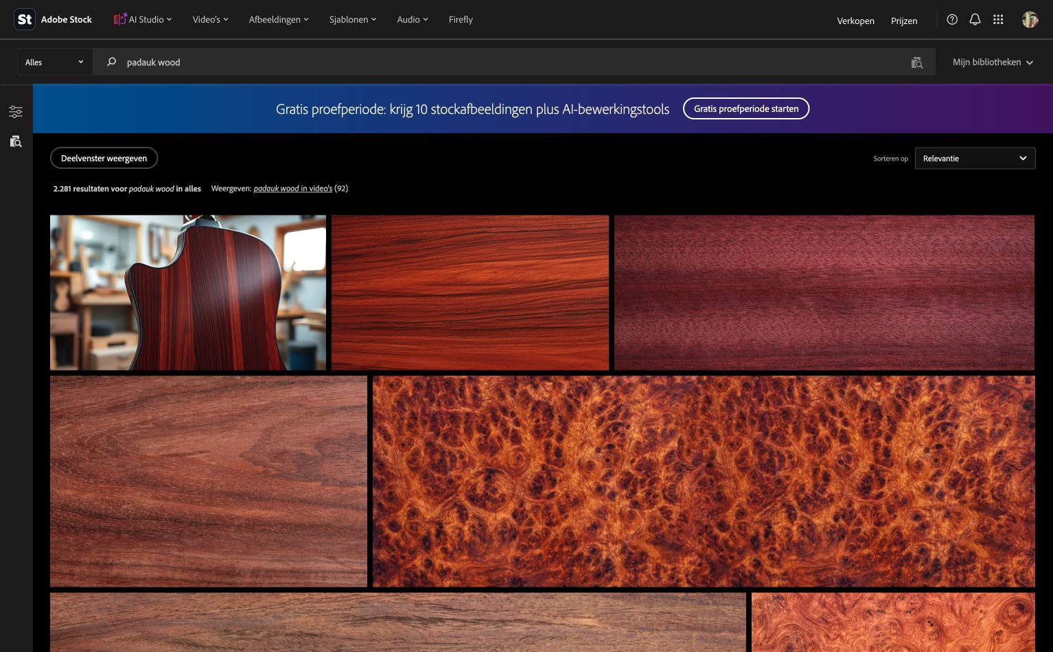 Adobe Stock 搜索 padauk wood 的真实结果页，首屏有大量相似红色木材纹理