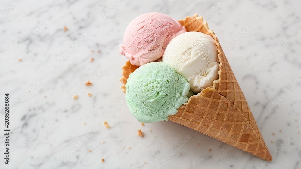 Pastel ice cream scoops in a waffle cone
