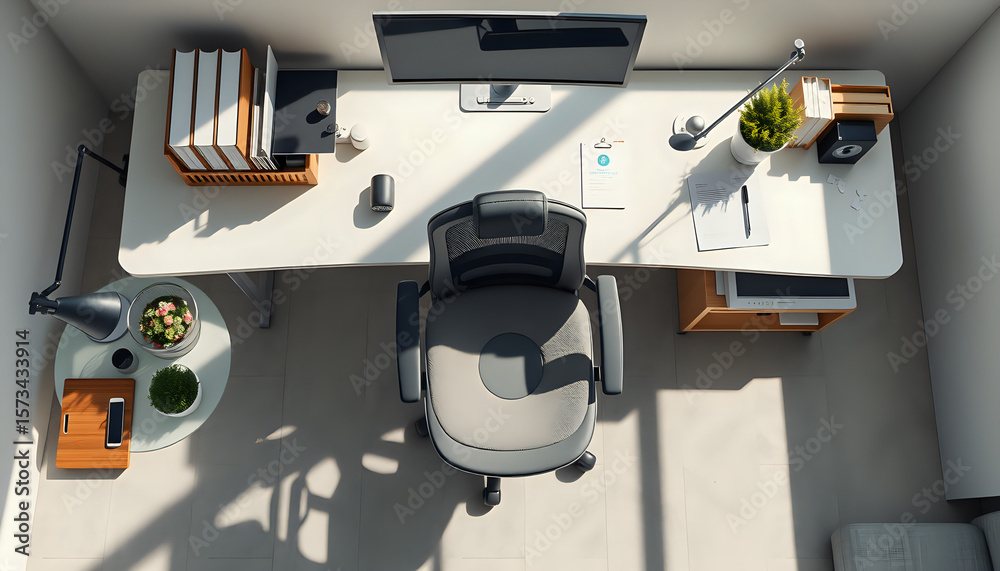 Overhead view of a minimalist workspace with desk and chair