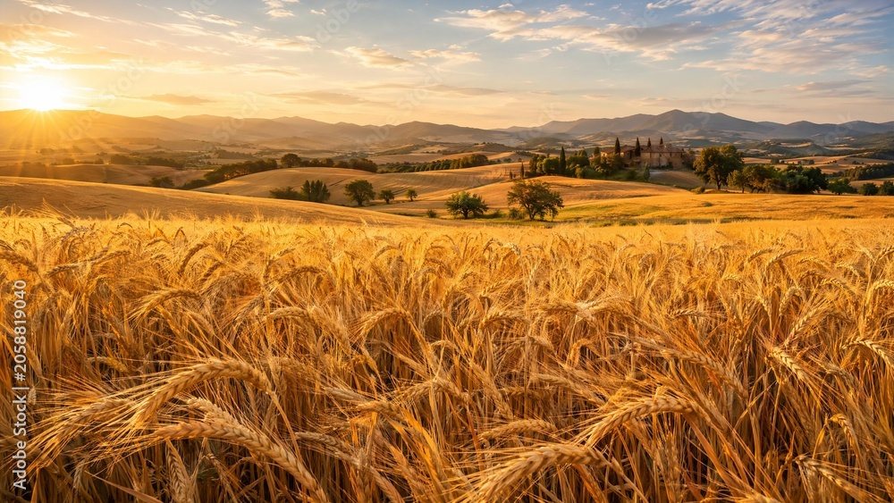 Golden wheat field landscape under warm light