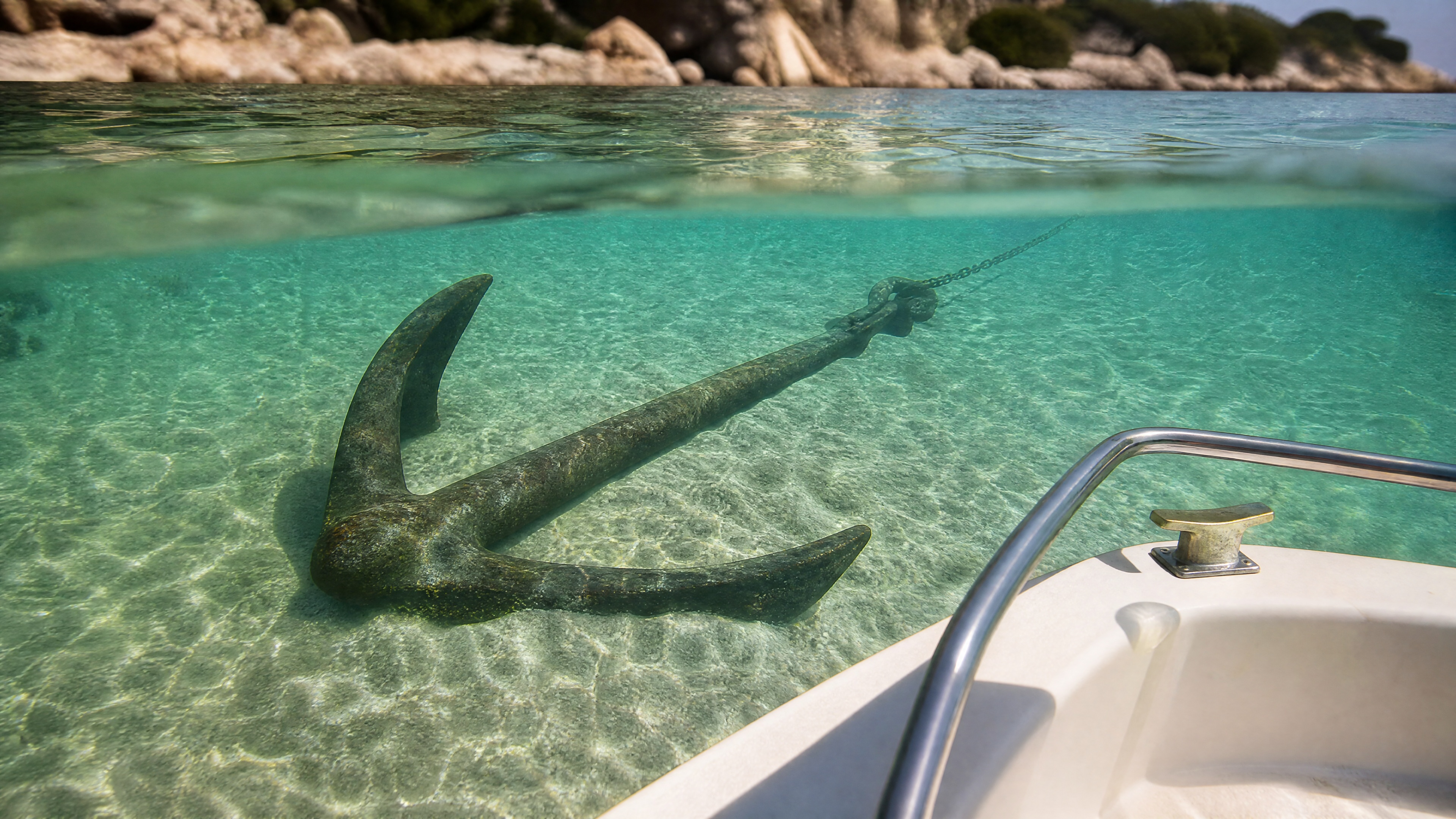 Boat anchor in clear shallow water near a coastline, used to show how AI stock prompts need a travel or marine use case