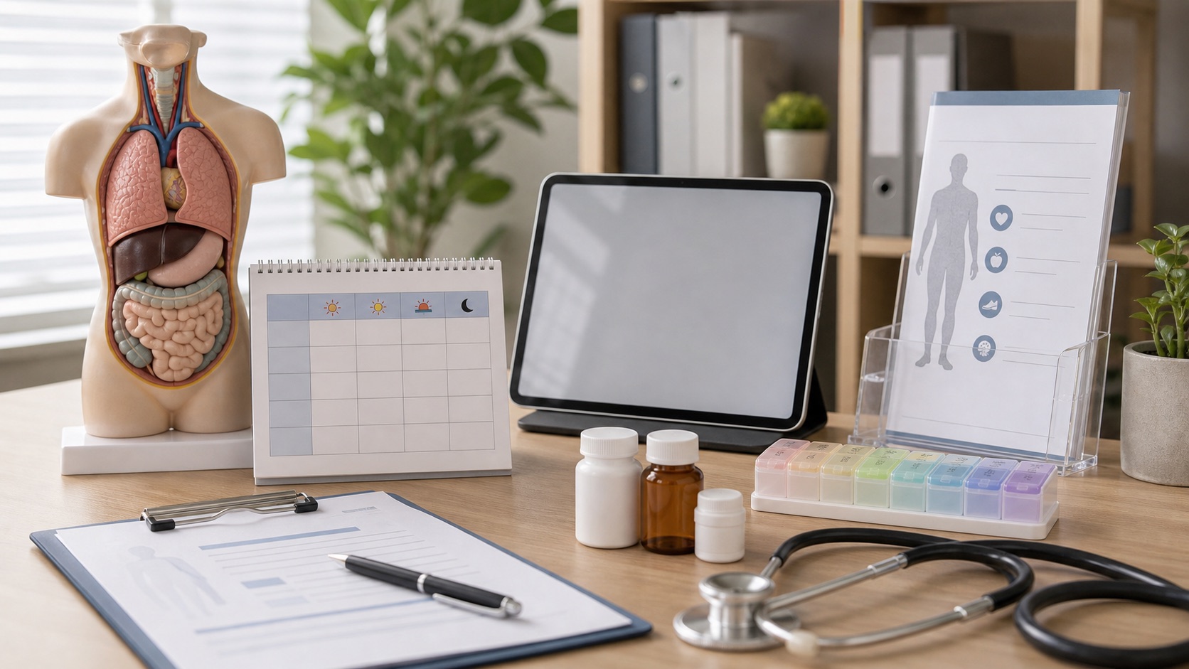 Clinic education desk with anatomical model, blank medication schedule, tablet, clipboard, and stethoscope