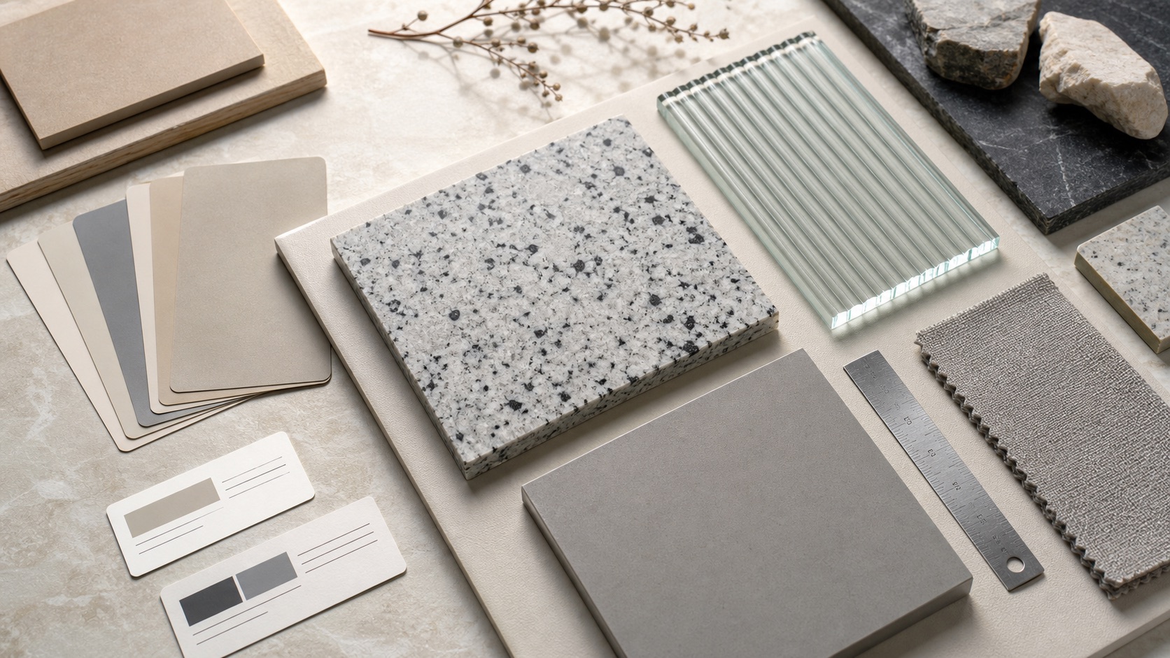 Interior design material sample board with stone, ribbed glass, tile, fabric, and blank note cards