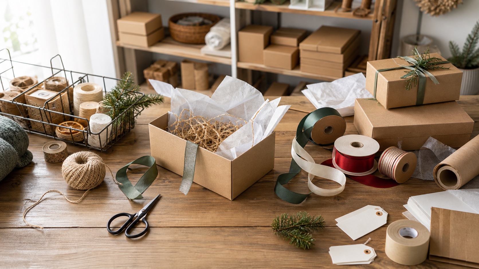 Small business packaging station with kraft boxes, ribbons, shipping materials, and blank tags
