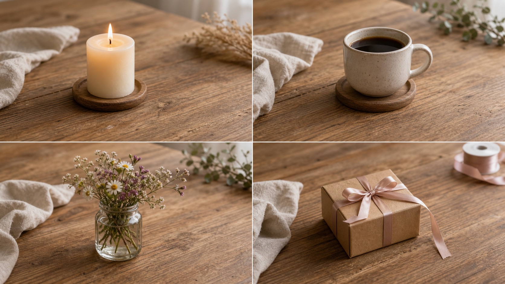 Four similar wooden table still lifes with different props, used to show how AI stock batches can repeat the same idea