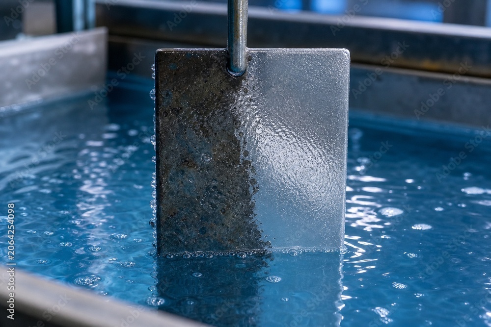 Iron plate partly submerged in a blue electroplating bath with a silver coating forming