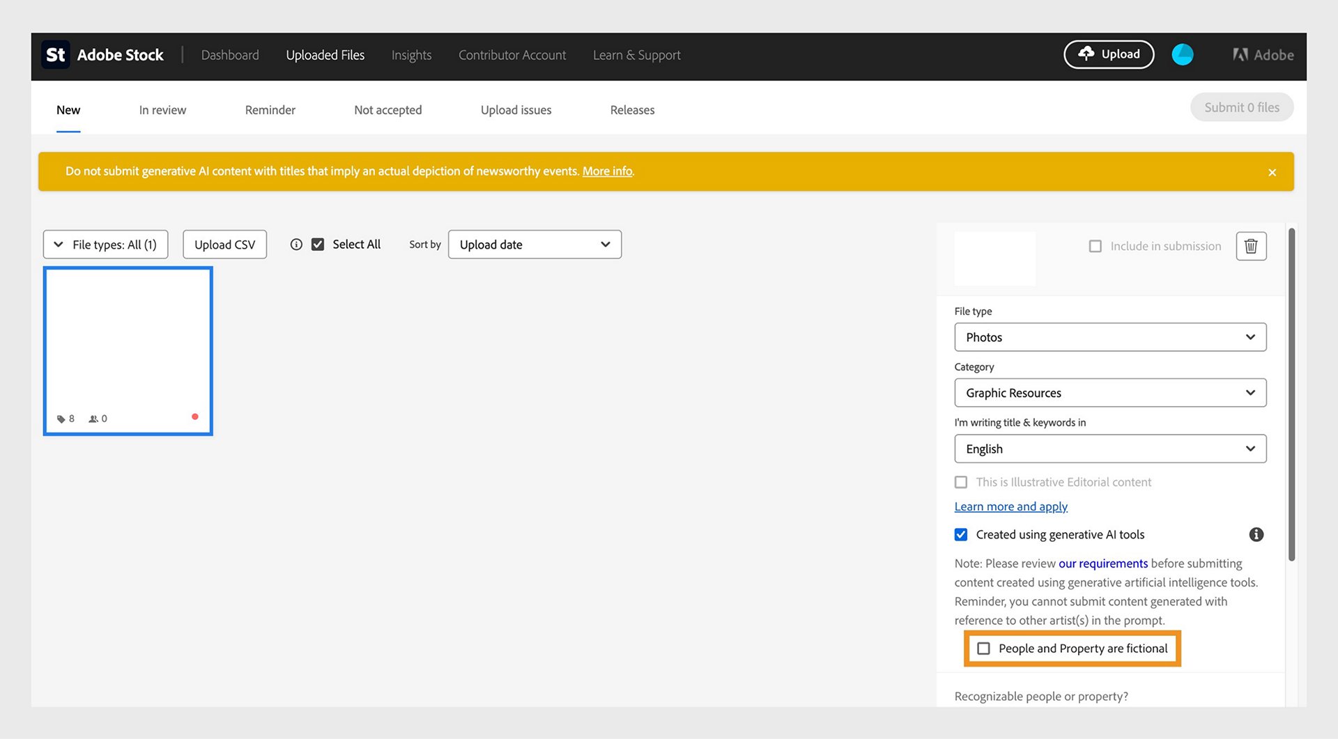 Adobe Stock右侧资料区域中的People and Property are fictional选项