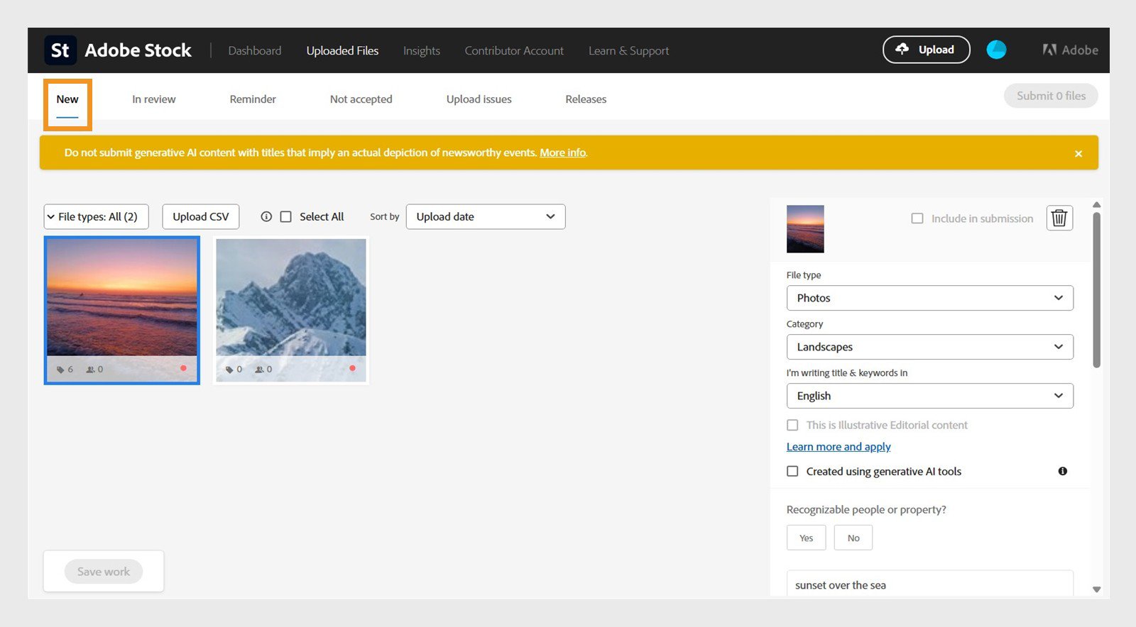 在Adobe Stock Uploaded Files页面选择New并找到Upload CSV
