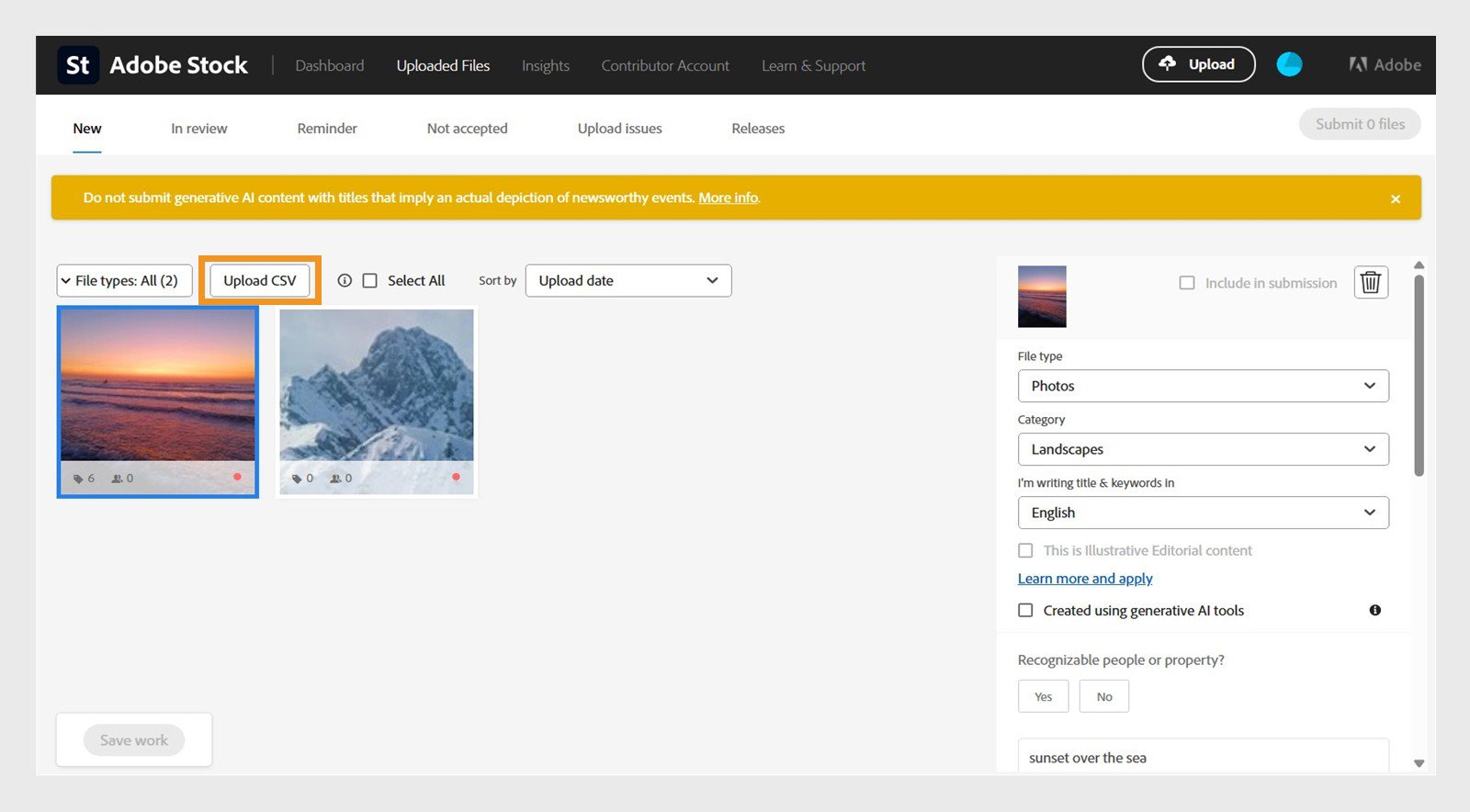 Adobe Stock页面中的Upload CSV按钮