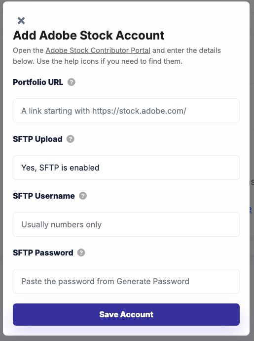 Add Adobe Stock account modal